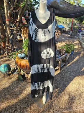 Sahara Mg India Black & White Rayon Tie Dye Bohemia Afghan Dress One Size Plus